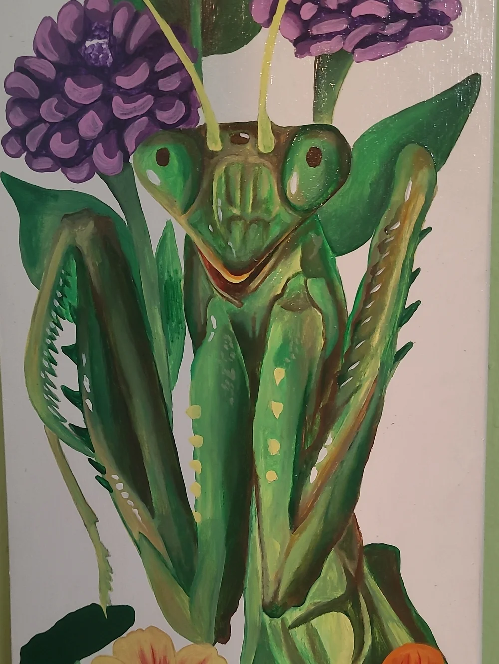 Hand-Painted Praying Mantis Wall Art - Green & Purple